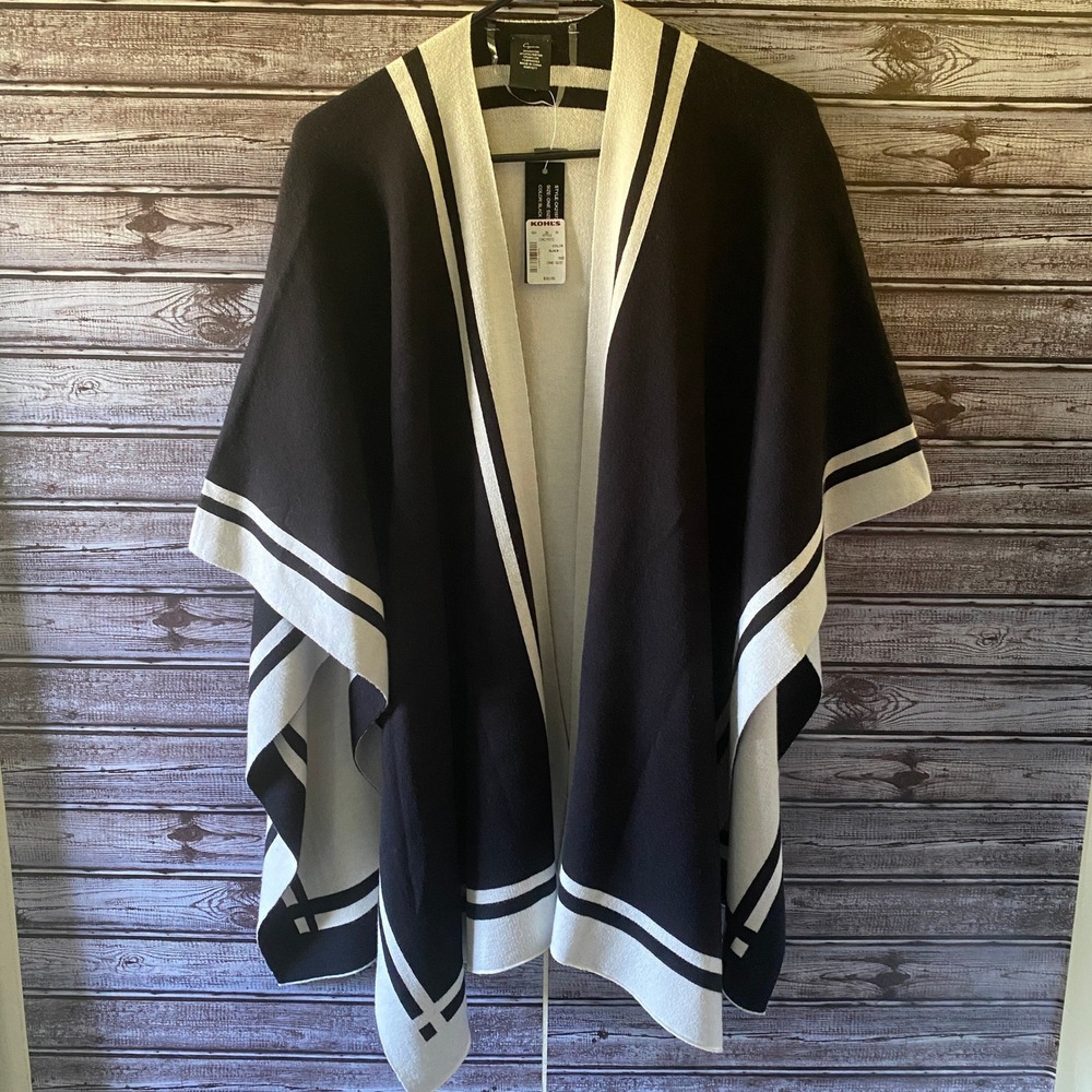 Cejon Women's Open-Front Poncho-Style Sweater One Size Black White NWT
